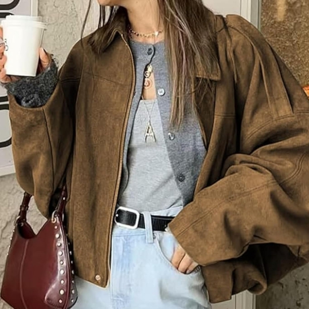 Brown Suede Women's Bomber Jacket Small